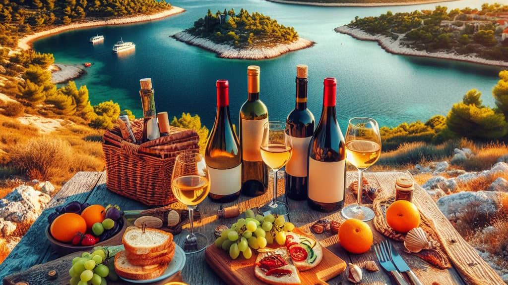 A scenic picnic table by the sea, adorned with wine, cheese, and fruit. AI generated image.