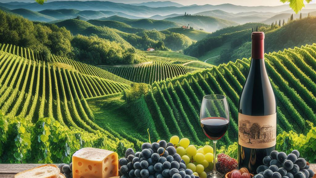 Wine and cheese on a table overlooking vineyards. AI generated image.