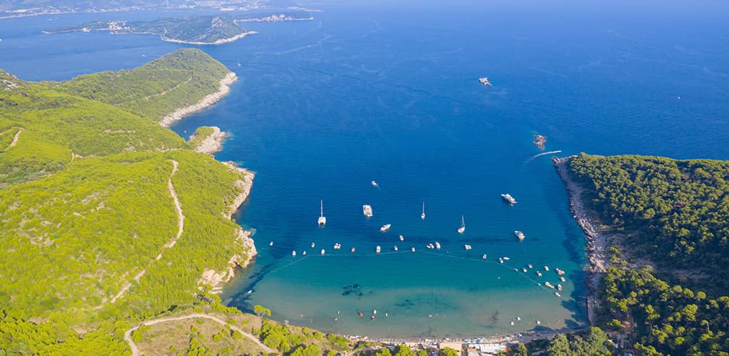 Aerial view of the Adriatic Sea at Sunj Beach on Lopud island, Croatia