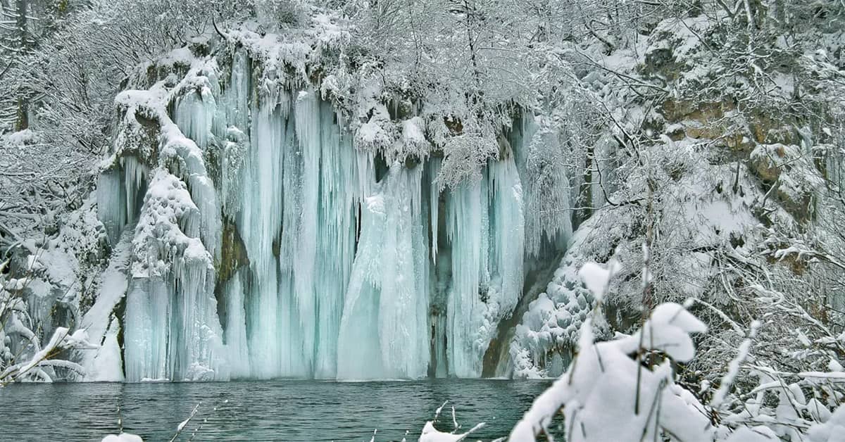 Plitvice Lakes National Park frozen waterfalls in winter