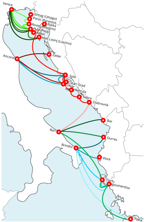 Ferry lines in Croatia, Italy and Greece